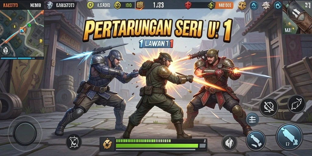 Screenshot antarmuka menunjukkan aksi Tempur 1 Lawan 1 yang intens.